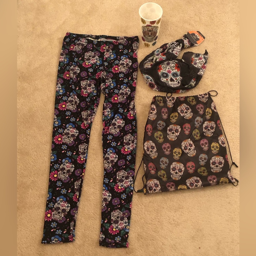 Bobbie Brooks Sugar Skulls Print Leggings, Backpack, Scarf, & Cup Set